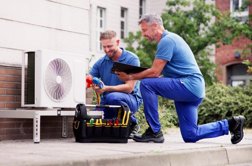 Two HVAC technicians from Foersch Contracting using pressure gauges and a clipboard to perform a diagnostic check on a residential outdoor air conditioning unit.