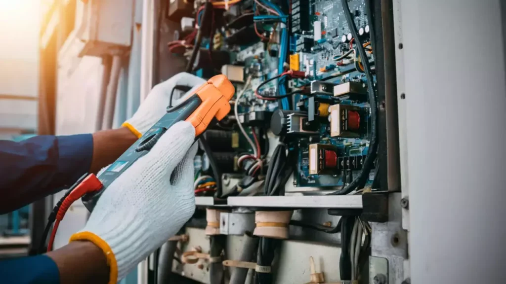 A technician in white safety gloves using an orange digital clamp meter to test circuits in a complex industrial electrical control panel.