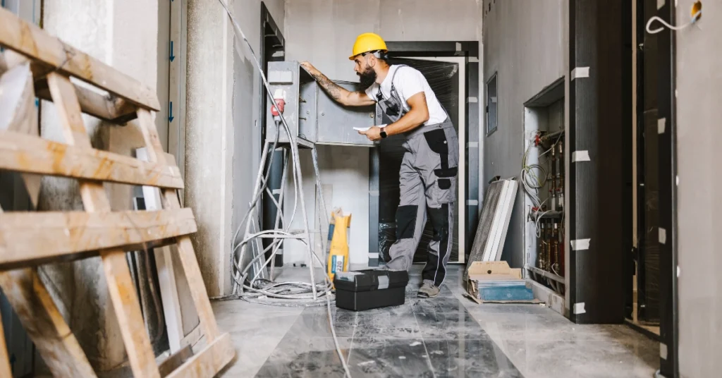 An electrical contractor in a yellow hard hat and work overalls inspecting an open circuit breaker box and wiring during a facility renovation.