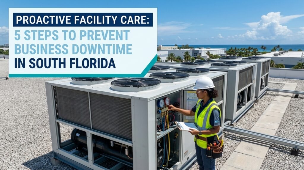 HVAC technician in a hard hat inspecting industrial rooftop chillers to prevent operational downtime in South Florida.