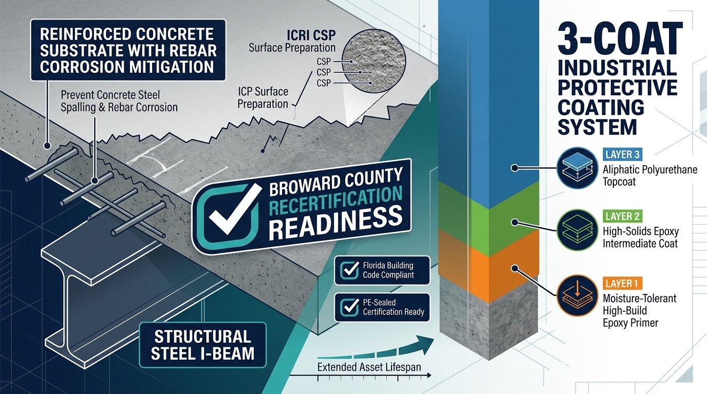 Technical infographic displaying concrete rebar corrosion mitigation, structural steel I-beams, and a 3-coat industrial protective coating system for Broward County recertification readiness.