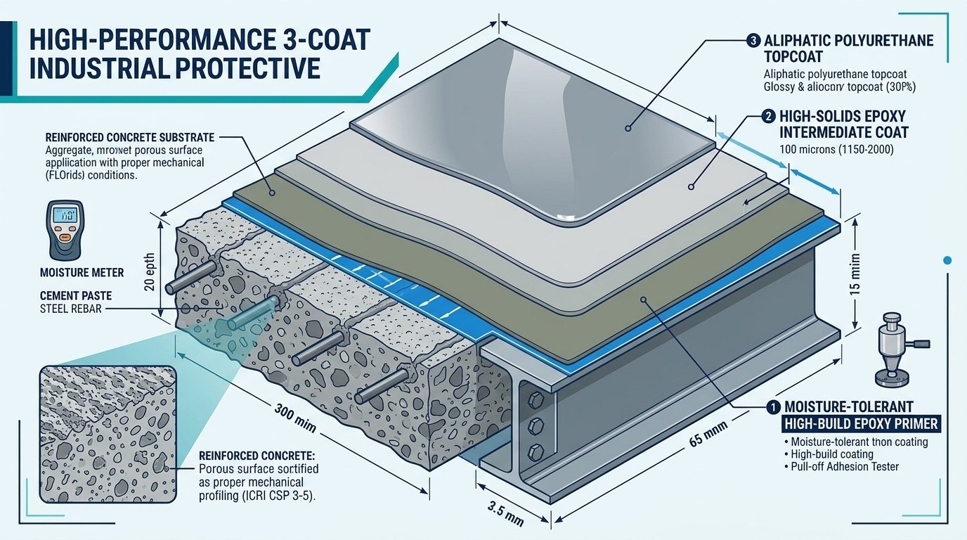 Cross-section diagram of a 3-coat industrial protective coating system showing epoxy primer, intermediate coat, and polyurethane topcoat over concrete and steel.