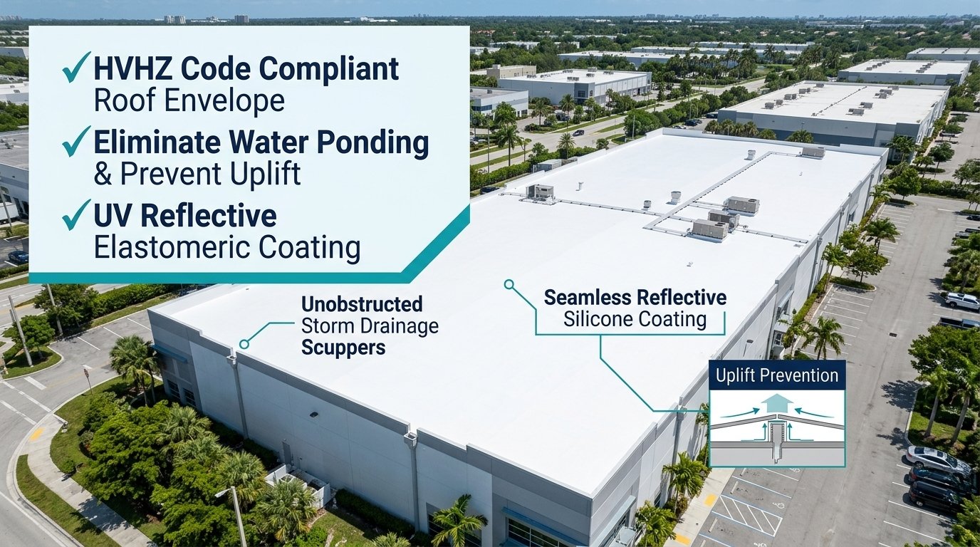 Aerial view of a large commercial warehouse flat roof featuring UV reflective elastomeric coating, unobstructed storm drainage scuppers, and wind uplift prevention specs.