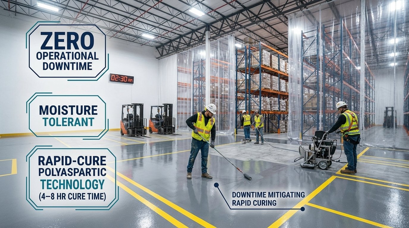 Painting crew applying rapid-cure polyaspartic floor coating in an active warehouse environment with containment curtains and zero downtime text overlay.