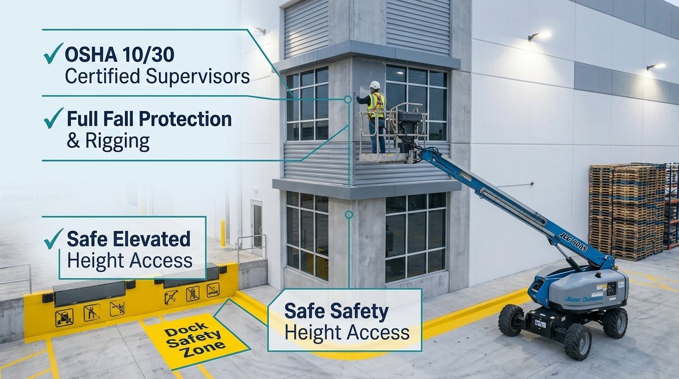 Painter on an articulated boom lift painting exterior commercial building walls above a marked yellow loading dock safety zone with OSHA compliance badges.