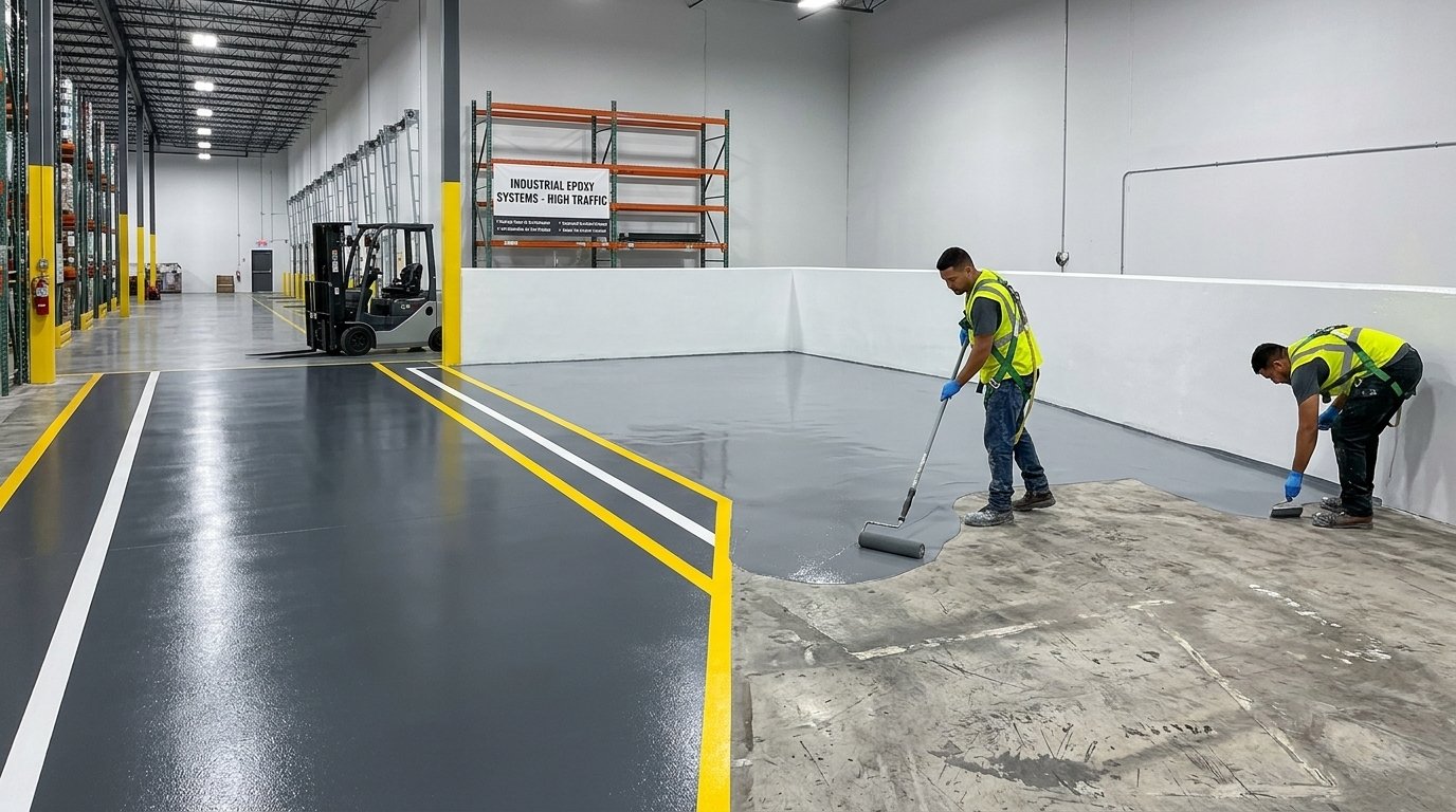 Contractors in safety gear applying gray high-traffic industrial epoxy flooring to a commercial warehouse concrete floor.