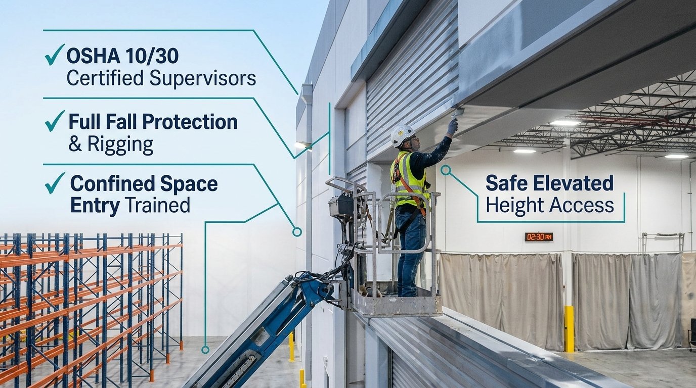 Painter on a boom lift wearing full fall protection safety harness while painting exterior warehouse loading dock doors with compliance badges.