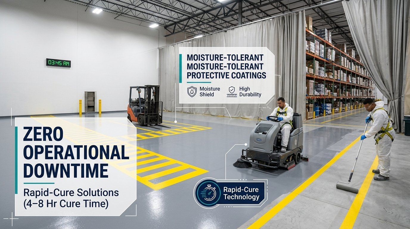 Contractors in protective coveralls prepping and painting warehouse concrete floors during an overnight shift with rapid-cure floor coating technology.