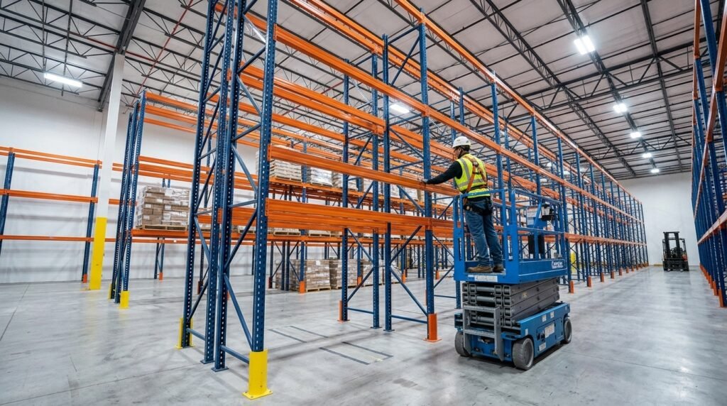 Worker operating a scissor lift to inspect and assemble industrial blue and orange pallet racking in a large warehouse.