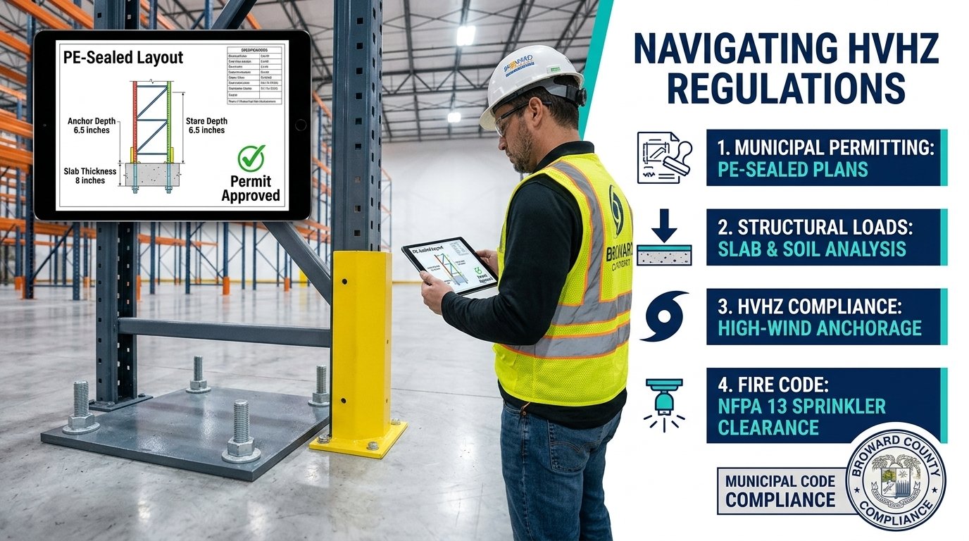 Warehouse manager holding a tablet displaying PE-sealed layout plans alongside a checklist for HVHZ regulations and municipal code compliance.