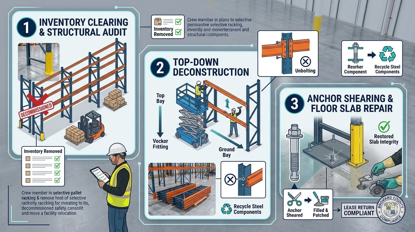 Infographic detailing 3-step warehouse racking removal: inventory clearing, top-down deconstruction, and anchor shearing with concrete floor repair.