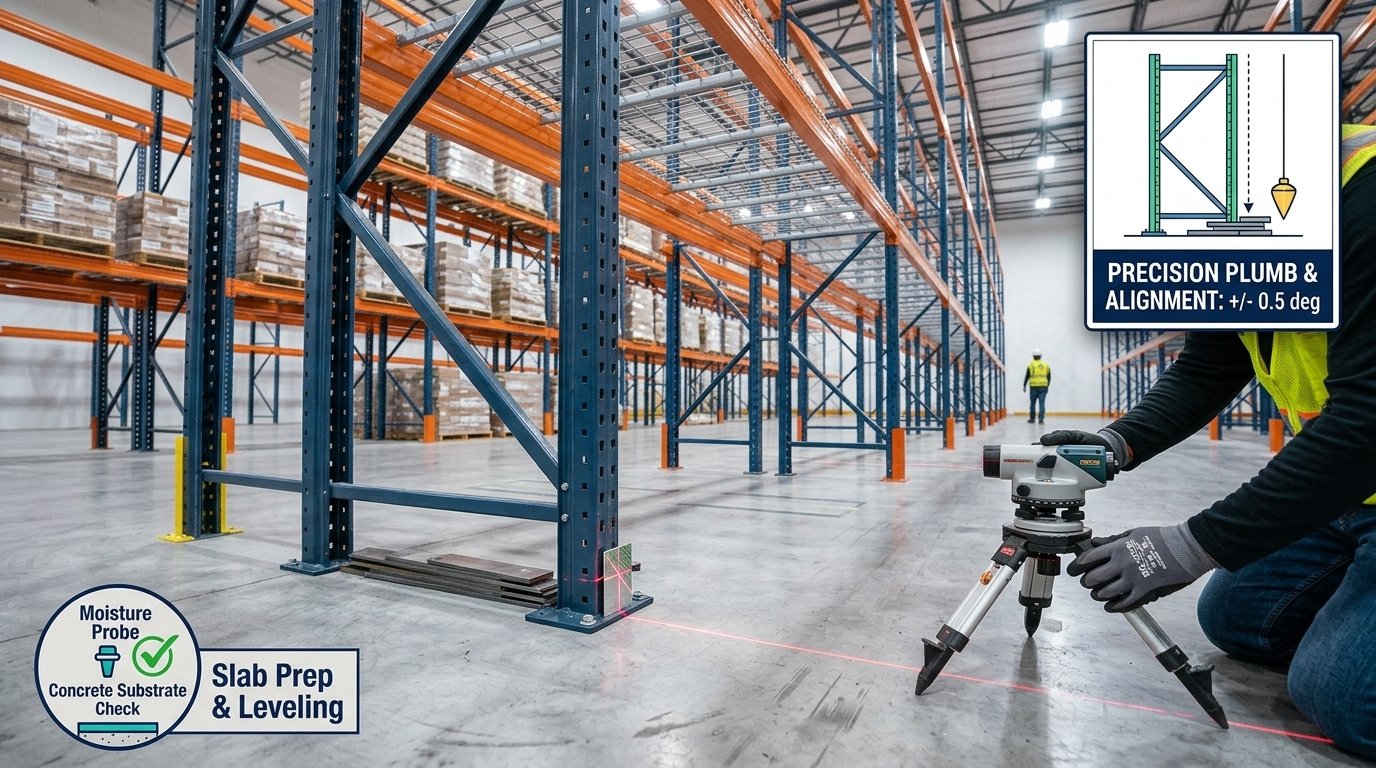 Technician using a optical level instrument to align pallet rack uprights with high precision on a concrete warehouse floor.